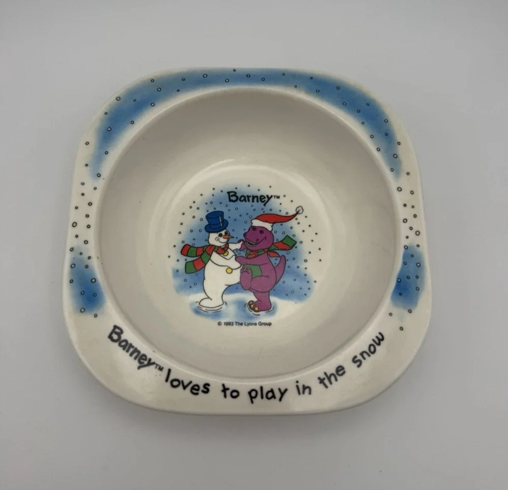 Barney the Dinosaur Vintage 1993 Melamine Cereal Bowl Barney Loves Snow Snowman